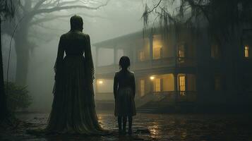 kusligt efterhängsen spöklik silhouetted kvinna och barn siffror gående i främre av en dimmig sydlig plantage antebellum herrgård på halloween natt - generativ ai. foto