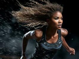 dynamisk fotografera av kvinna idrottare ai generativ foto