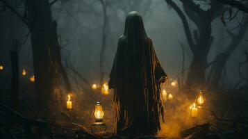 mystisk kvinna spöke figur gående bland spanska mossa, skog och stearinljus lyktor på halloween natt - generativ ai. foto