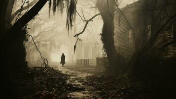 spöklik figur silhuett stående eller gående mitt i de läskigt halloween dimma utanför - generativ ai. foto