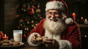 santa claus njuter hans småkakor och mjölk Nästa till de jul träd. generativ ai. foto