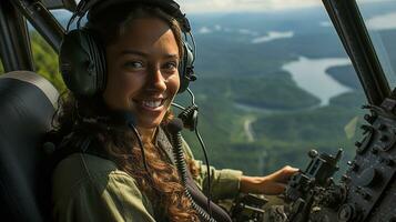 kvinna militär helikopter pilot i de cockpit - generativ ai. foto