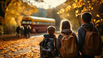 ung barn bär ryggsäckar gående till de skola buss på en falla morgon- - generativ ai. foto