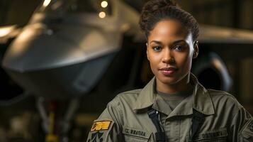 kvinna afrikansk amerikan kämpe pilot soldat står utanför henne kämpe jet - generativ ai. foto