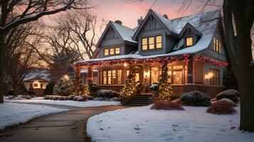skön jul dekorerad hus på en vinter- kväll. generativ ai. foto