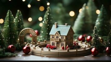 miniatyr- tåg och stad uppsättning med jul dekorationer och träd. generativ ai. foto
