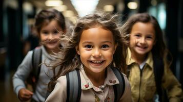 upphetsad ung barn skrattande och löpning ner de hall av deras skola - generativ ai. foto
