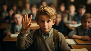 ung pojke studerande höjning hans hand i de klassrum miljö - generativ ai. foto