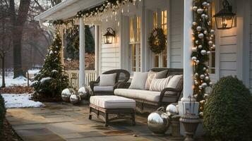 skön jul dekorerad främre dörr och veranda av en hus på en vinter- kväll. generativ ai. foto
