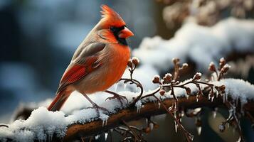 jul röd kardinal fågel på de gren på en vinterlig snöig dag. generativ ai. foto