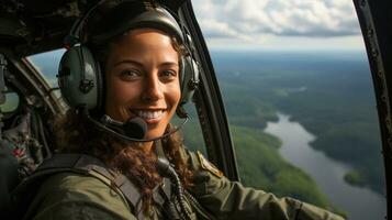 kvinna afrikansk amerikan militär helikopter pilot i de cockpit - generativ ai. foto