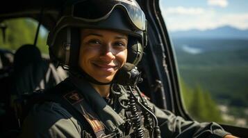 kvinna afrikansk amerikan militär helikopter pilot i de cockpit - generativ ai. foto