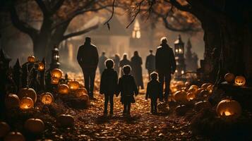 läskigt tonåringar och barn klädd upp för halloween gående ner de trottoar tillsammans - generativ ai. foto
