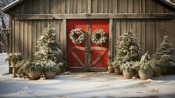 röd ladugård, hus eller affär dekorerad för jul i en skön vinter- snöig scen. generativ ai. foto