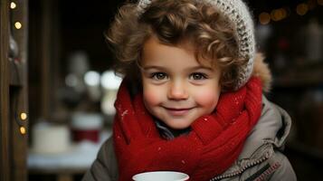 porträtt av en söt ung pojke varmt klädd för en Häftigt vinter- jul innehav en kopp av varm kakao. generativ ai. foto