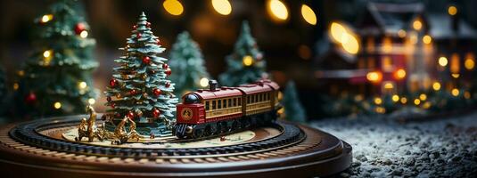 modell miniatyr- vagn tåg uppsättning och snöig jul dekorerad stad miljö. generativ ai. foto