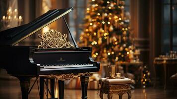 klassisk utsmyckad stor piano i en jul dekorerad musik rum. generativ ai. foto