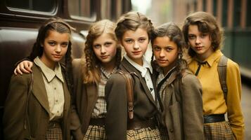 retro stil nastalgisk ung flickor stående nära de skola buss - generativ ai. foto