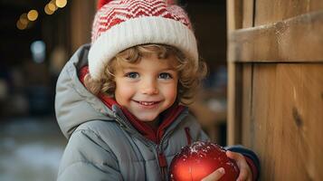 söt ung pojke klädd för en snöig jul innehav en festlig träd prydnad. generativ ai. foto