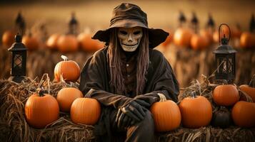 skrämmande spöklik halloween scarecrow figur Sammanträde bland de Land pumpa lappa - generativ ai. foto