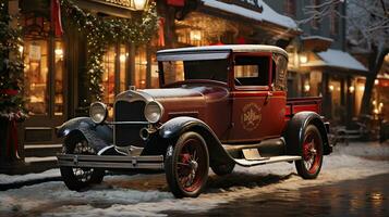 klassisk årgång bil parkerad utanför de festligt jul dekorerad butiker. generativ ai. foto