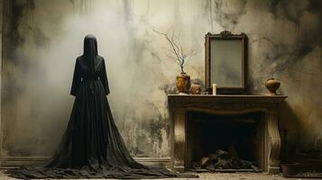abstrakt mörk spöklik kvinna figur stående mot en färgade vägg nära gammal eldstad med smutsig spegel - generativ ai. foto