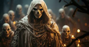 skrämmande sammankomst av skelett varelser efterhängsen de dimmig halloween natt - generativ ai. foto