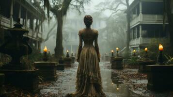 kusligt efterhängsen spöklik kvinna figur gående i främre av en dimmig sydlig plantage antebellum herrgård på halloween natt - generativ ai. foto