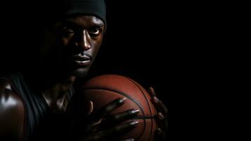 basketboll spelare innehav boll på mörk bakgrund, i de stil av mörk brun och svart foto