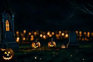 halloween pumpor i en kyrkogård med en kyrkogård. ai-genererad foto