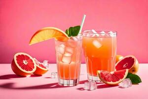 två glasögon av orange juice med skivor av grapefrukt på en rosa bakgrund. ai-genererad foto