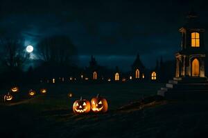 halloween pumpor i de kyrkogård på natt. ai-genererad foto