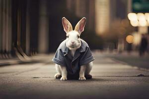 en kanin bär en skjorta på de gata. ai-genererad foto