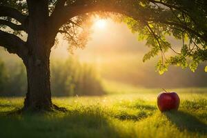 ett äpple sitter under en träd i de mitten av en fält. ai-genererad foto