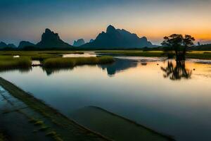 de soluppgång över de li flod i guilin, Kina. ai-genererad foto