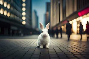 en vit kanin är stående i de mitten av en stad gata. ai-genererad foto