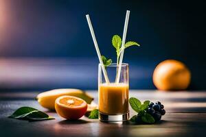 färsk orange juice med strån och frukt på mörk bakgrund. ai-genererad foto