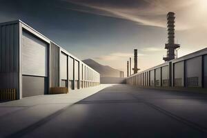 industriell lager med industriell maskineri och en Sol. ai-genererad foto
