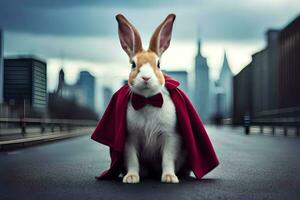 en kanin klädd som en superhjälte i en röd cape. ai-genererad foto