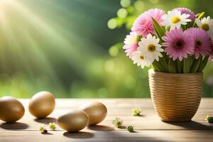 påsk blommor i vas på tabell med ägg. ai-genererad foto