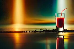 en glas av juice med en sugrör på de strand. ai-genererad foto