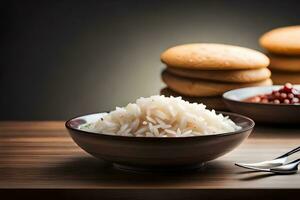 skål av ris och två plattor med kött och ris. ai-genererad foto