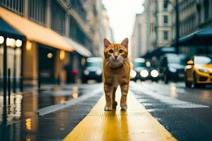 en katt gående tvärs över en våt gata i de regn. ai-genererad foto