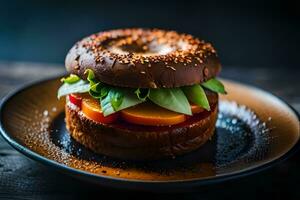 en bagel smörgås med tomater och sallad på Det. ai-genererad foto