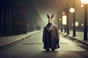 en kanin bär en täcka och slips stående i de mitten av en gata. ai-genererad foto