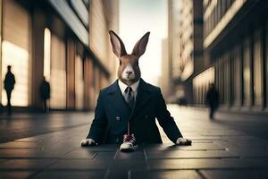 en kanin klädd i en kostym och slips Sammanträde på de jord. ai-genererad foto