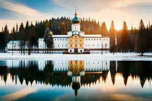 de kyrka av de helig korsa i de vinter. ai-genererad foto