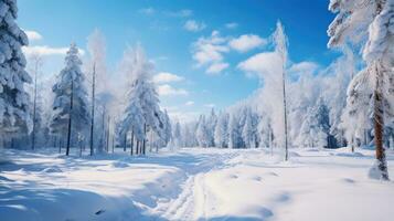 snöig skog. lång träd, snötäckt jord, och blå himmel foto