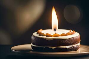 en små kaka med en ljus på topp. ai-genererad foto
