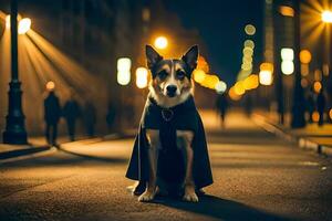 en hund bär en cape på de gata på natt. ai-genererad foto